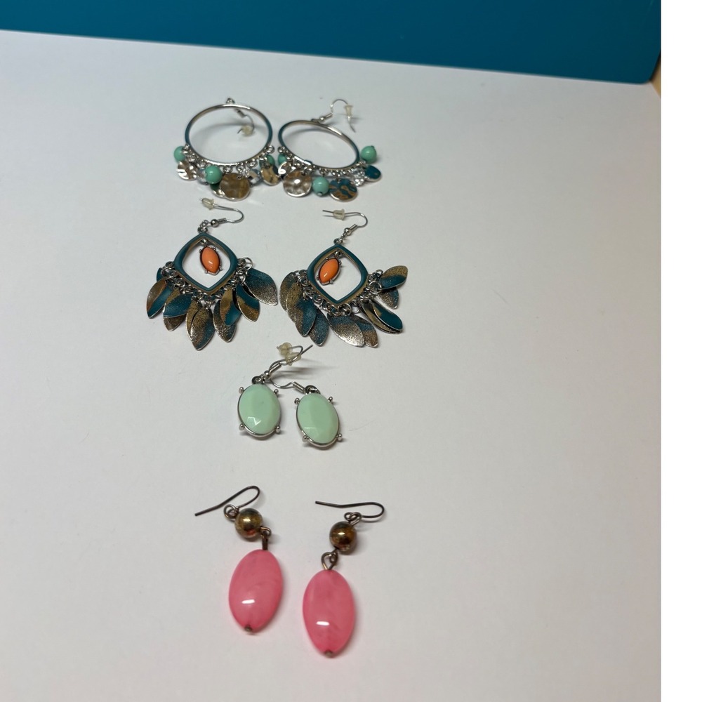 4 Pair Fashion Earring Lot Bohemian Silver Tone Teal Pink Orange Mint